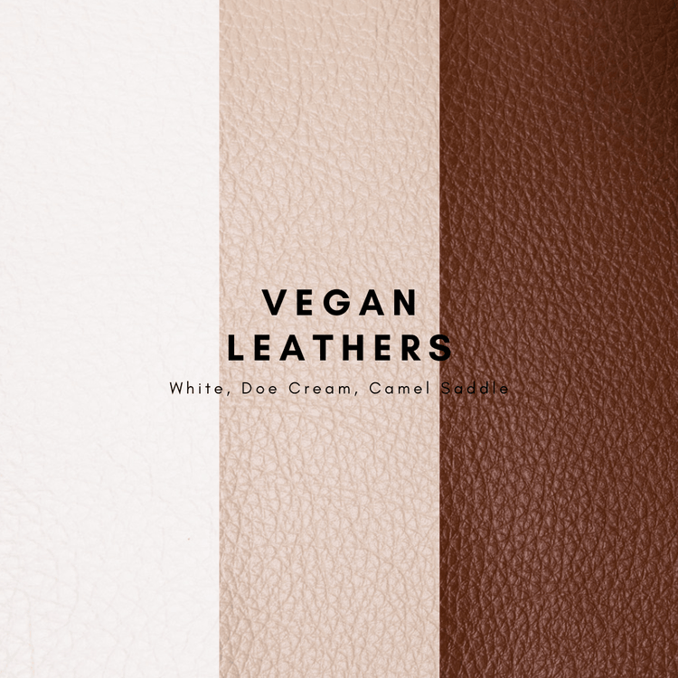 Fabric swatches known as vegan leather options in white, doe cream, and camel saddle.