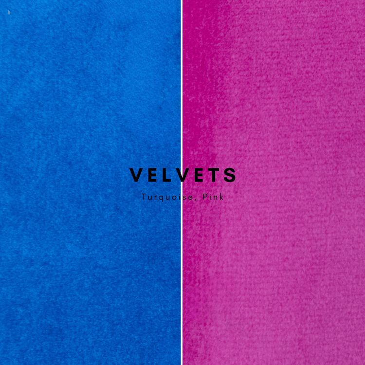 Fabric swatches in velvet options of turquoise and pink.