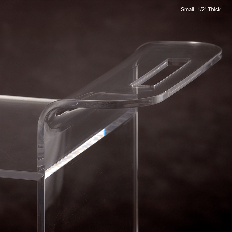 Catalog closeup view of a clear acrylic bar cart handle.