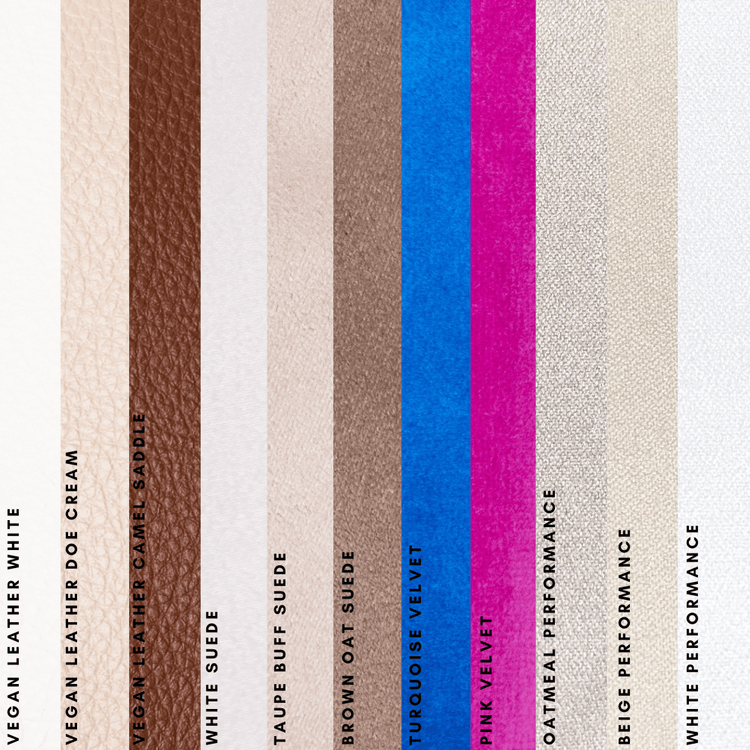 A variety of fabric samples displayed vertically, including options in different colors and textures, labeled with names such as 'Vegan Leather White', 'Suede Buff', 'Velvet', and 'Performance'.
