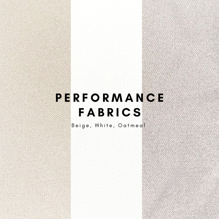 A 3 color sample view of performance fabrics offered in beige, white, and oatmeal.