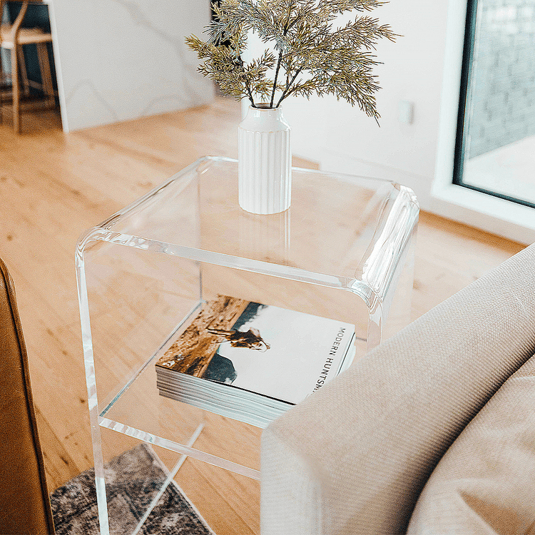 A clear acrylic lucite side table with waterfall edges and an interior shelf holding a vase of greenery and books placed between 2 couches in a living room setting.