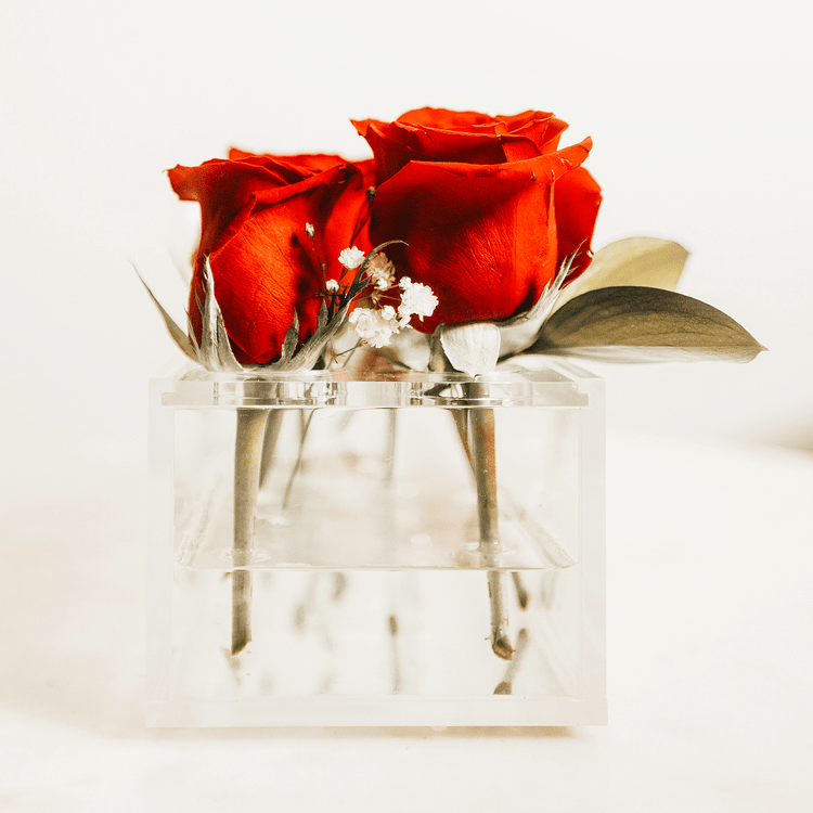 Two red roses in a clear acrylic horizontal vase on a light background.