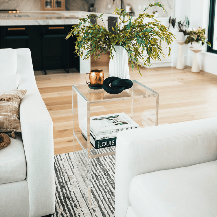Clear acrylic lucite nightstand containing 1 interior shelf holding books with a plant and decorative items on top placed between a couch and an easy chair in a living room.
