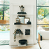 Vertical clear acrylic 4 interior shelf bookcase decorated with plants, vases, books, and decor placed between 2 large picture windows in a living room.