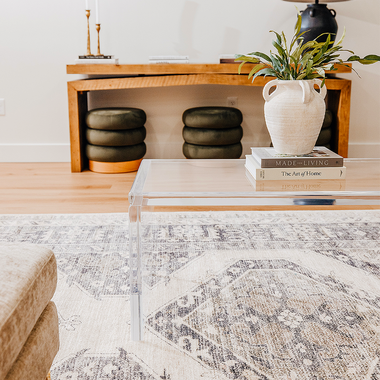 A side view of an acrylic lucite coffee table decorated with books and a plant.