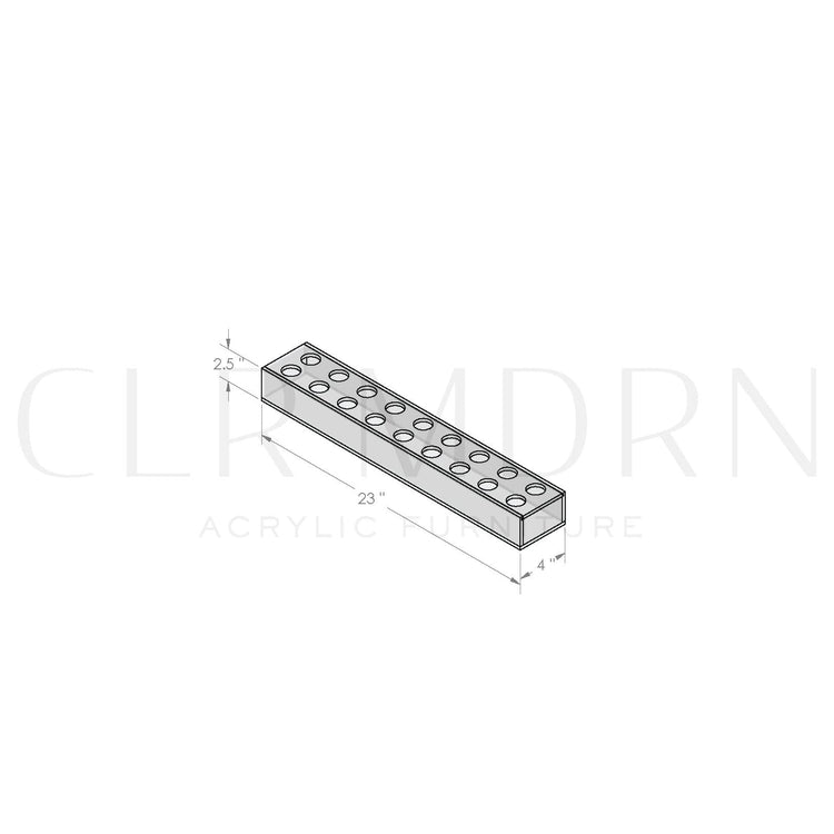 Diagram of a clear acrylic horizontal short stem floral centerpiece with 9 pairs of individual holes for flower placement showing dimensions of 2.5"H x 4"W x 23"L.