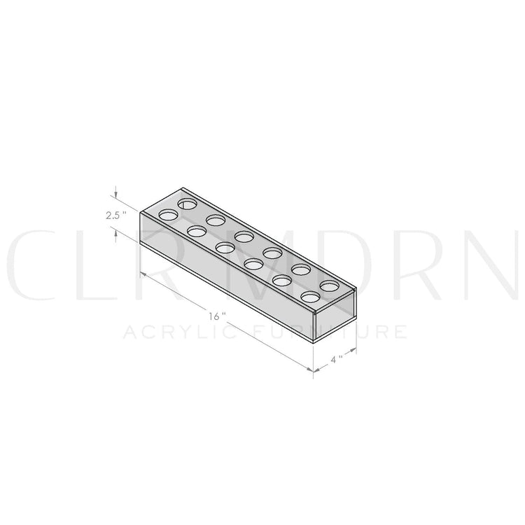 Diagram of a clear acrylic horizontal short stem floral centerpiece with 6 pairs of individual holes for flower placement showing dimensions of 2.5"H x 4"W x 16"L.