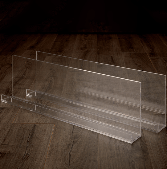Catalog view of 2 clear acrylic floating bookshelves.
