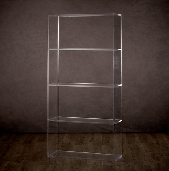 Catalog view of a vertical clear acrylic 4 interior shelf bookcase.