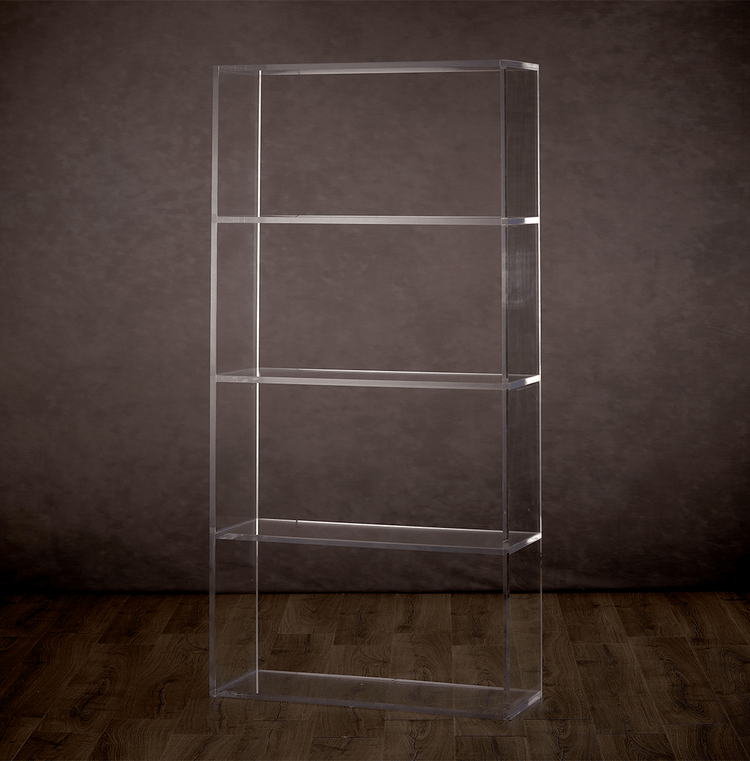 Catalog view of a vertical clear acrylic 4 interior shelf bookcase.