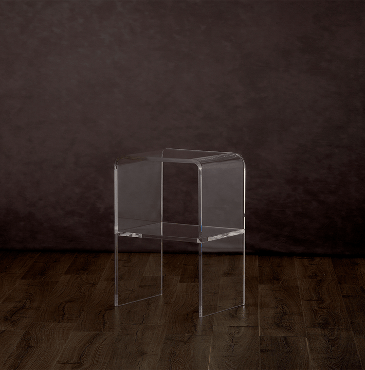 Clear acrylic 1 interior shelf nightstand on a hardwood floor.