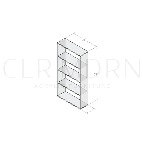Diagram of a vertical clear acrylic 4 interior shelf bookcase showing dimensions of 72"H x 12"W x 36"L.