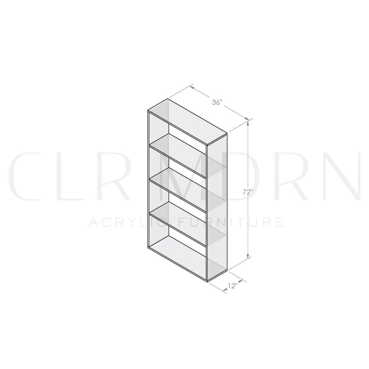 Diagram of a vertical clear acrylic 4 interior shelf bookcase showing dimensions of 72"H x 12"W x 36"L.