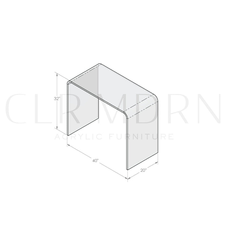 Diagram of a clear acrylic waterfall edge vanity showing dimensions of 32"H x 20"W x 40"L.