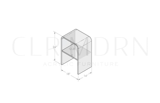 Diagram of a clear acrylic waterfall edge nightstand showing dimensions of 26"H x 14"W x 18"L.