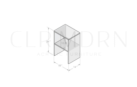 Diagram of a clear acrylic slab nightstand showing dimensions of 26"H x 14"W x 18"L.