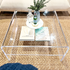 A clear acrylic waterfall edge coffee table in front of a couch featuring 1 interior shelf decorated with books and a plant vase.