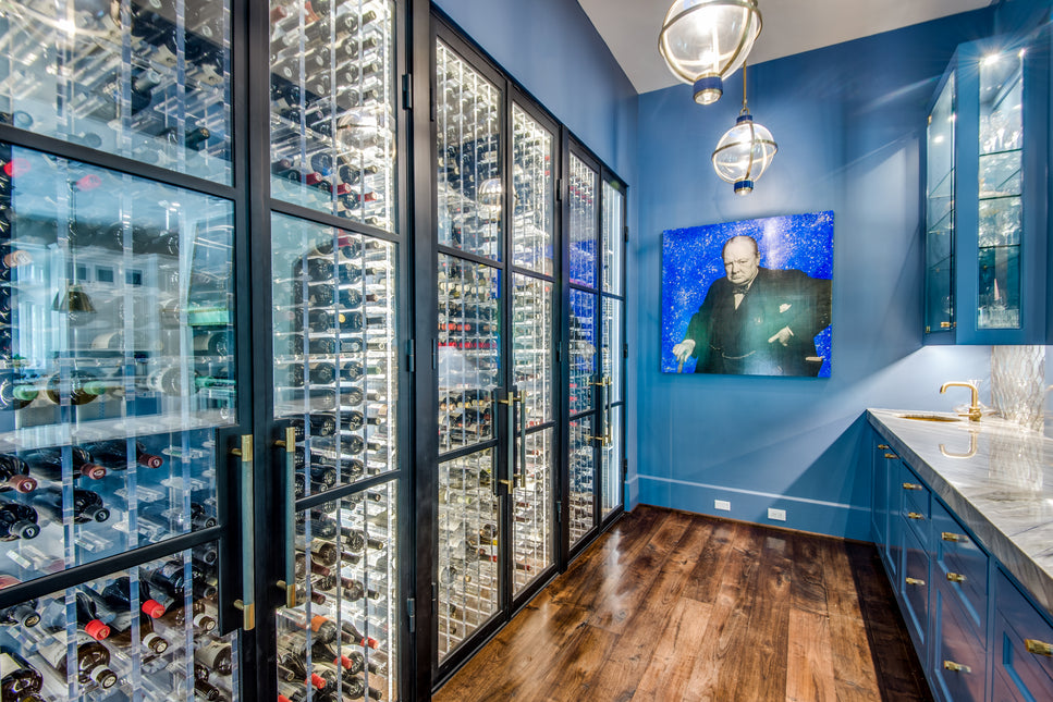 Clear Modern custom acrylic wine installation in home with blue walls and accents