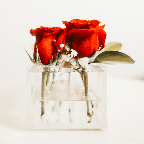 Two red roses in a clear acrylic horizontal vase on a light background.