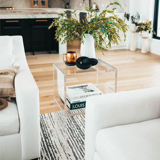 Clear acrylic lucite nightstand containing 1 interior shelf holding books with a plant and decorative items on top placed between a couch and an easy chair in a living room.