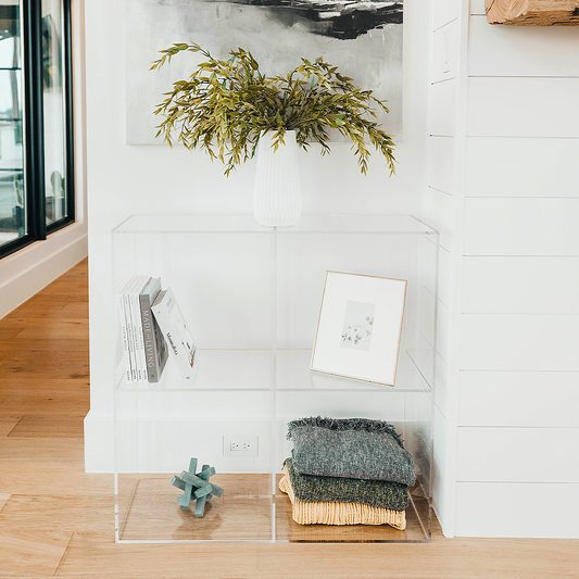 Clear acrylic 4 cube storage unit displaying artwork, plants, books, and decor. The unit features 2 rows of 2 cubes.
