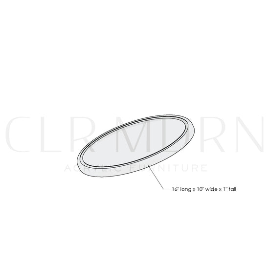 Diagram of a clear acrylic oval centerpiece showing dimensions of 1"H x 10"W x 16"L.