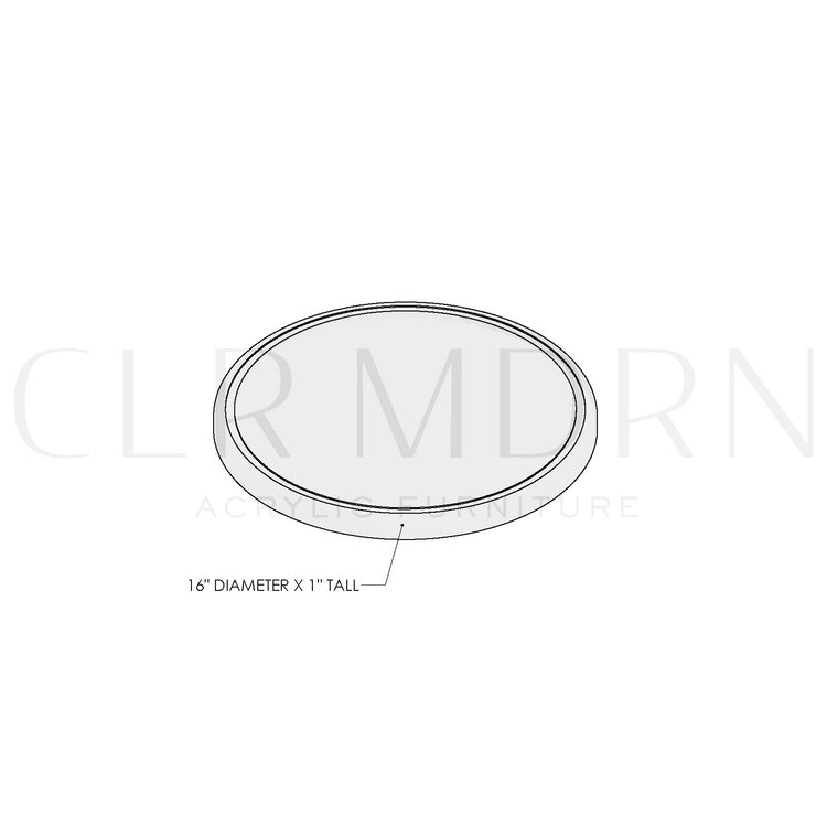 Diagram of a clear acrylic round centerpiece tray showing dimensions of 16" in diameter x 1"H.