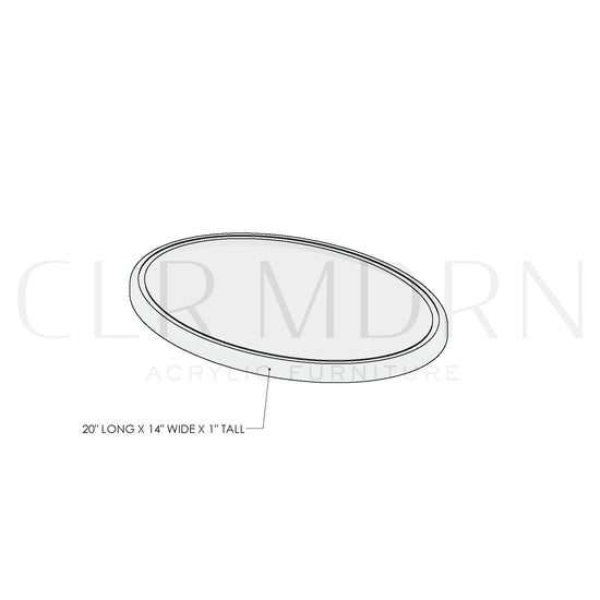 Diagram of a clear acrylic oval centerpiece showing dimensions of 1"H x 14"W x 20"L.