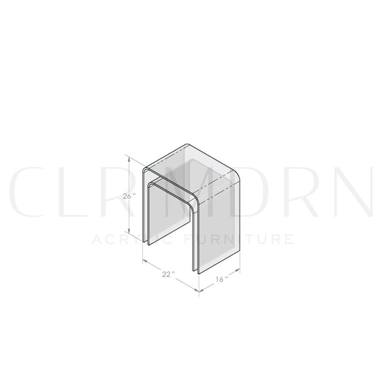 Diagram of 2 clear acrylic waterfall edge nesting end tables with dimensions of 26" H x 16" W x 22" L.