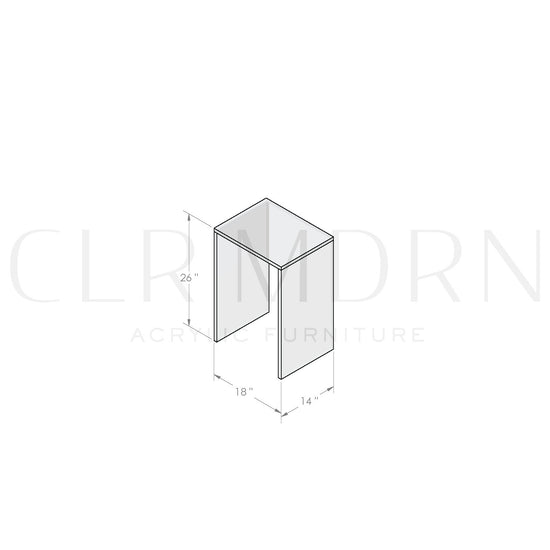 Diagram of a clear acrylic end table showing dimensions of 26" H x 14" W x 18" L.