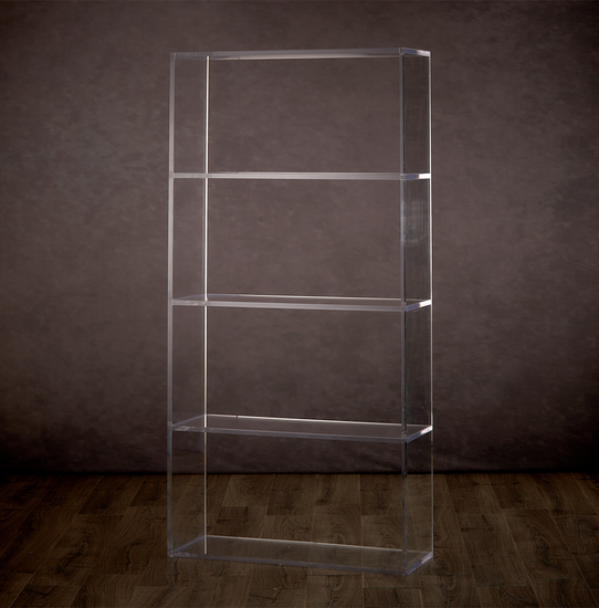 Catalog view of a vertical clear acrylic 5 interior shelf bookcase.