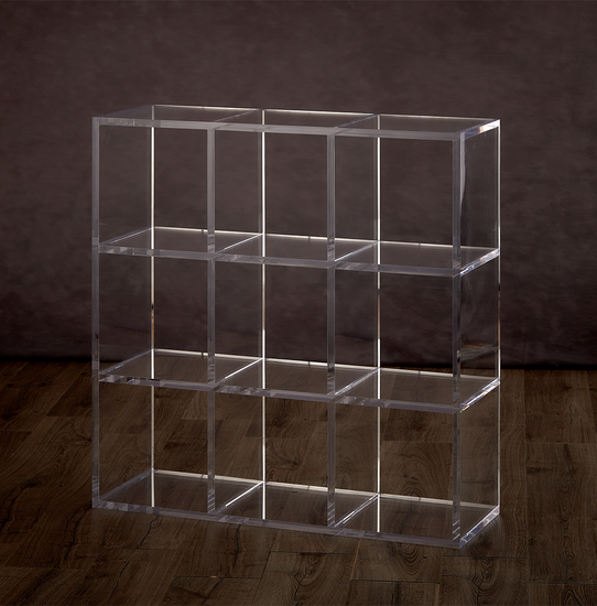 Catalog view of a clear acrylic 9 cube storage unit on a hardwood floor with 3 rows of 3 cubes.