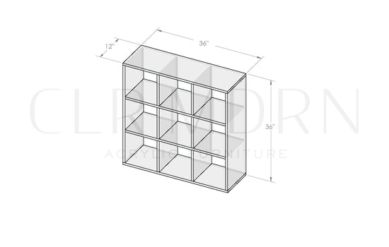 Diagram of a clear acrylic 9 cube storage unit showing dimensions of 36"H x 12"W x 36"L.