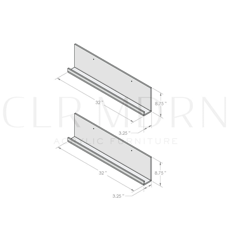 Diagram of a set of 2 identical clear acrylic floating bookshelves showing dimensions of 8.75"H x 3.25"W x 32"L.