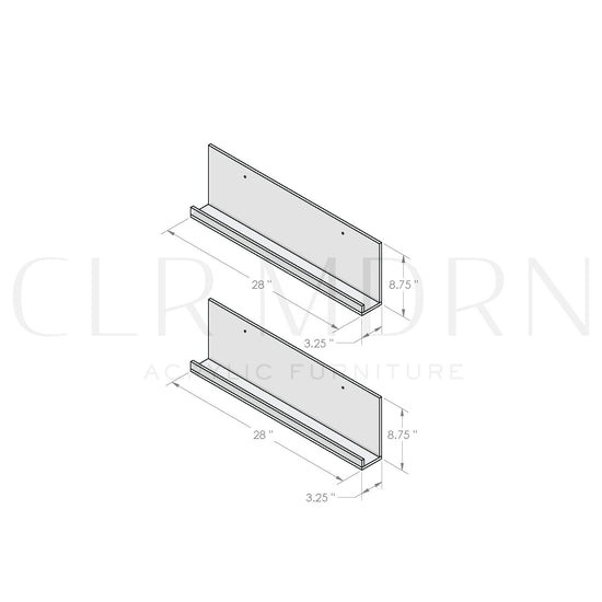 Diagram of a set of 2 identical clear acrylic floating bookshelves showing dimensions of 8.75"H x 3.25"W x 28"L.