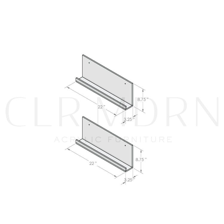 Diagram of a set of 2 identical clear acrylic floating bookshelves showing dimensions of 8.75"H x 3.25"W x 22"L.