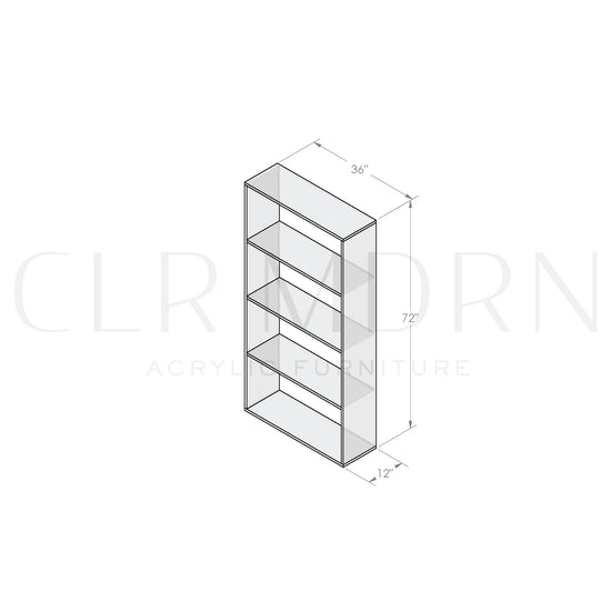 Diagram of a vertical clear acrylic 5 interior shelf bookcase showing dimensions of 72"H x 12"W x 36"L.
