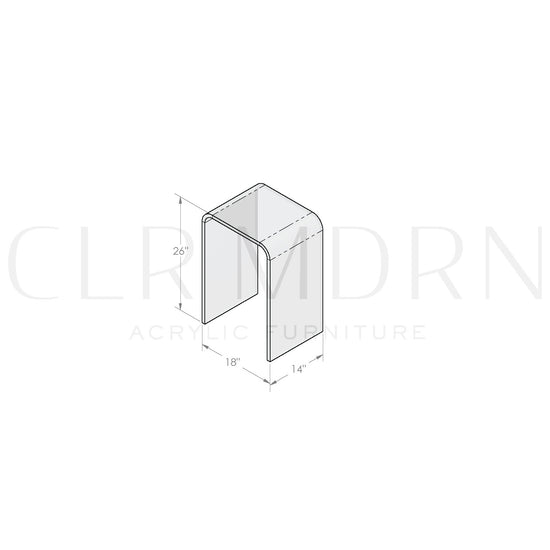 Diagram of a clear acrylic waterfall edge end table showing dimensions of 26"H x 14"W x 18"L.