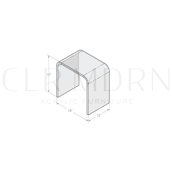 Diagram of a clear acrylic waterfall edge vanity stool showing dimensions of 18"H x 12"W x 18"L.