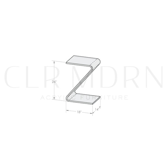 Diagram of a clear acrylic waterfall edge z shaped end table showing dimensions of 26"H x 14"W x 18"L.