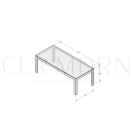 Diagram of a clear acrylic square leg dining room table showing dimensions of 32"H x 40"W x 90"L.