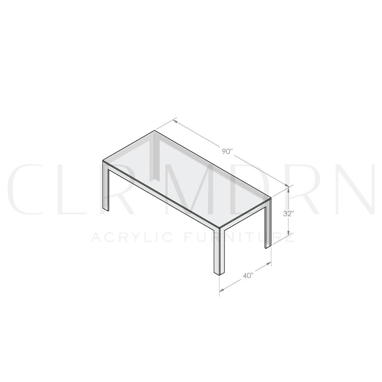 Diagram of a clear acrylic square leg dining room table showing dimensions of 32"H x 40"W x 90"L.