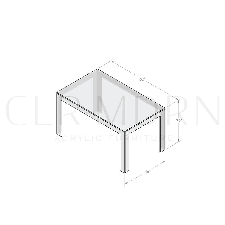 Diagram of a clear acrylic square leg dining room table showing dimensions of 32"H x 36"W x 60"L.