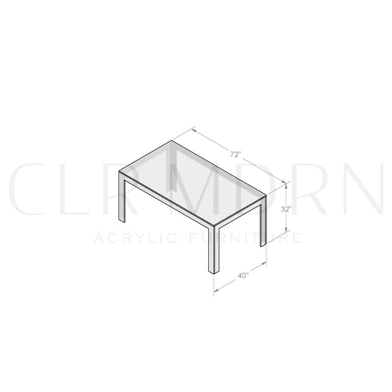 Diagram of a clear acrylic square leg dining room table showing dimensions of 32"H x 40"W x 72"L.