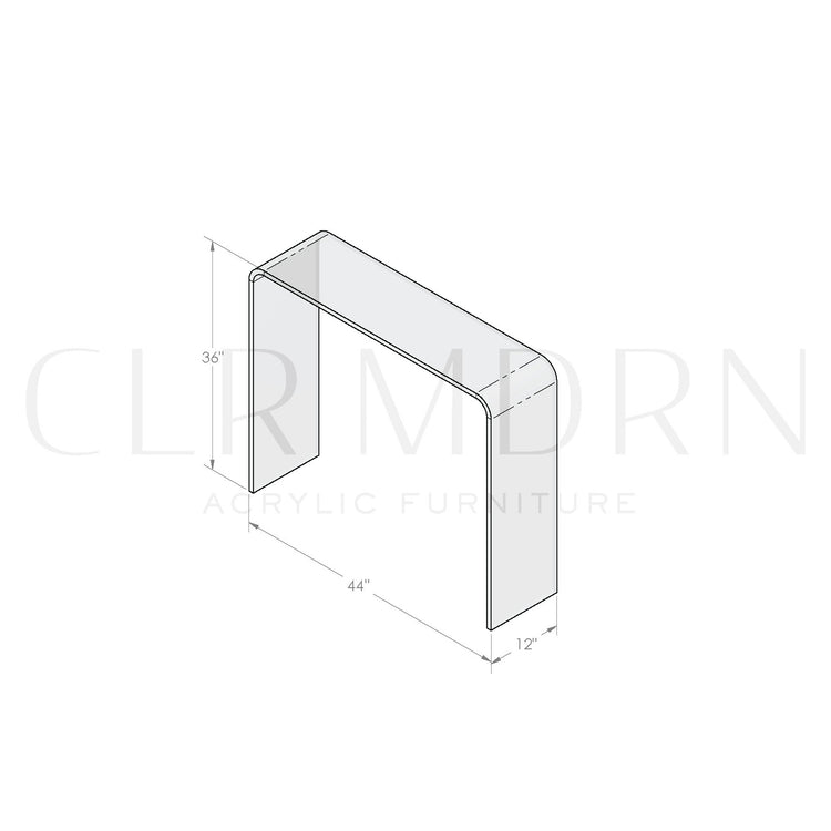 Diagram of a clear acrylic waterfall edge entry or hallway table showing dimensions of 36"H x 12"W x 44"L.