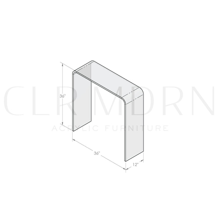Diagram of a clear acrylic waterfall edge entry or hallway table showing dimensions of 36"H x 12"W x 36"L.