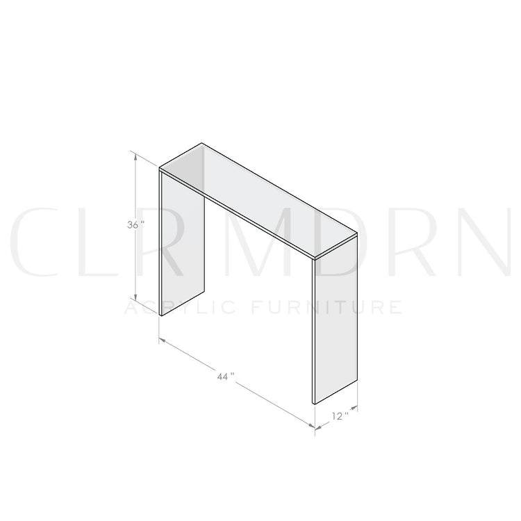 Diagram of a clear acrylic slab style entry or hallway table showing dimensions of 36"H x 12"W x 44"L.