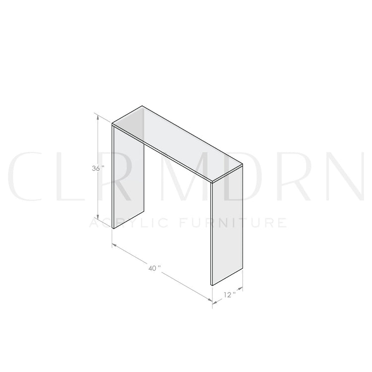 Diagram of a clear acrylic slab style entry or hallway table showing dimensions of 36"H x 12"W x 40"L.