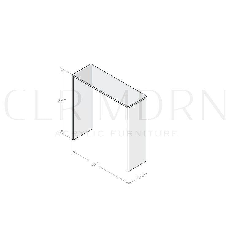 Diagram of a clear acrylic slab style entry or hallway table showing dimensions of 36"H x 12"W x 36"L.